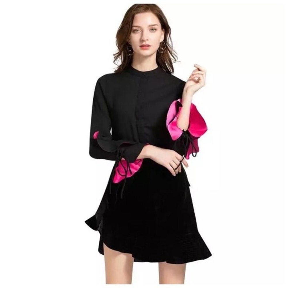 Black & Pink Contrast Color Tie Sleeve Top Small